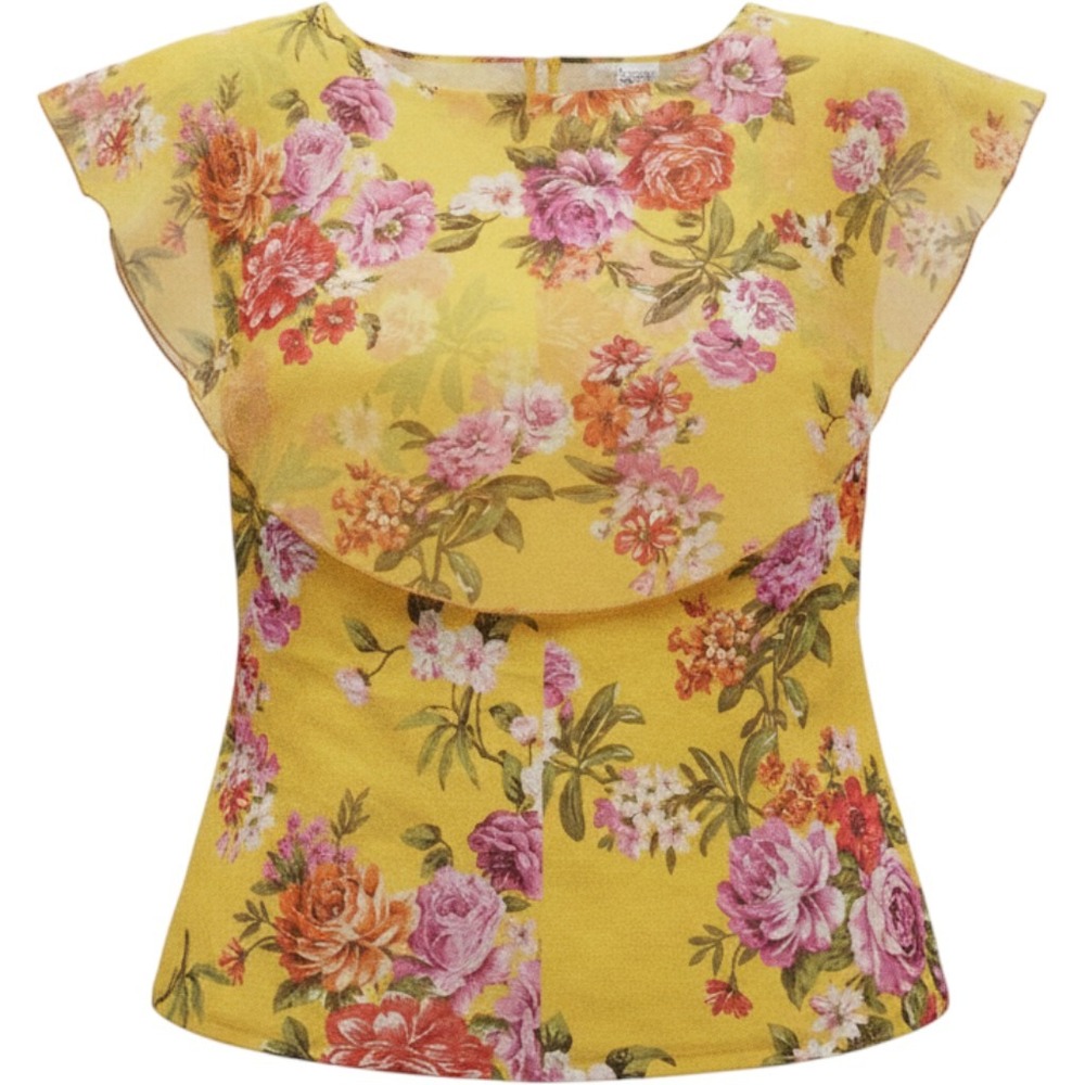 Yellow Boho Top Floral Flutter Sleeve Ruffle Front Blouse Large Semi Sheer - Picture 2 of 12